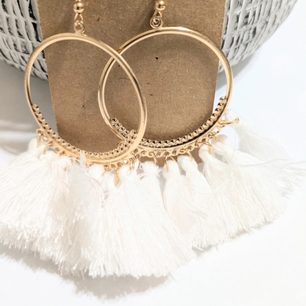 Elegant Gold and White Tassel Hoop Earrings